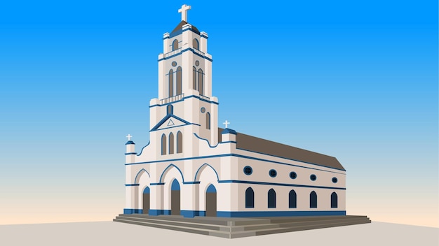 Ilustración de una iglesia clásica con un alto campanario y un cielo azul