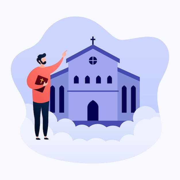 Vector ilustración de la iglesia y su gente para el cartel del día mundial de la religión