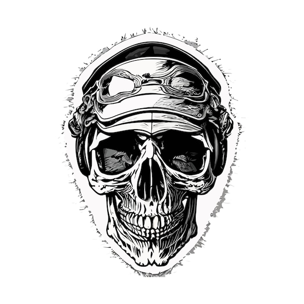 Ilustración de ilustraciones y diseño de camiseta Adorno de grabado de calavera piloto sobre fondo blanco