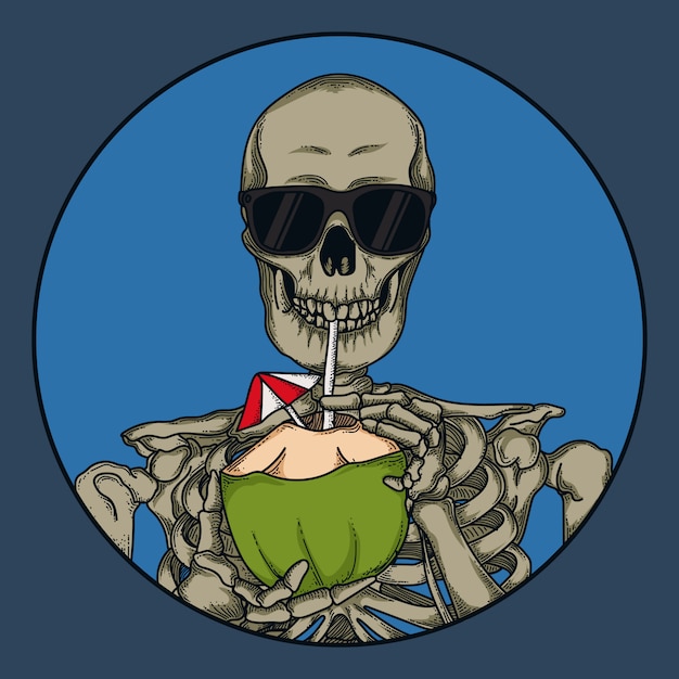 Ilustración de ilustraciones y diseño de camiseta cráneo beber agua de coco premium