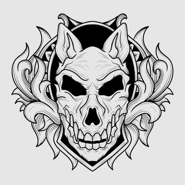 Ilustración de ilustraciones y diseño de camiseta ornamento de grabado de cráneo de lobo