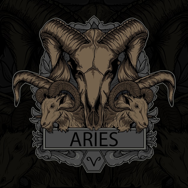 Ilustración de ilustraciones y diseño de camiseta premium de zodiaco de cráneo de aries