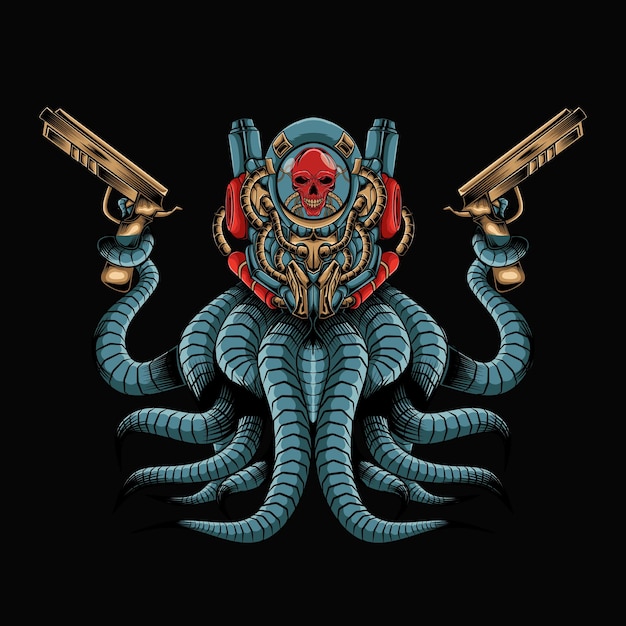 Ilustración de ilustraciones de luchador de pulpo de cráneo robótico