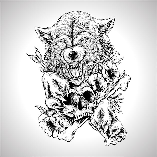 Ilustración ilustraciones vintage grabado lobo cráneo flor dibujo a mano