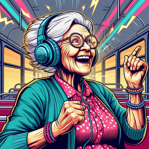 Vector ilustración de imagen vectorial hiperrealista abuela retro bailando escuchando música poster de auriculares