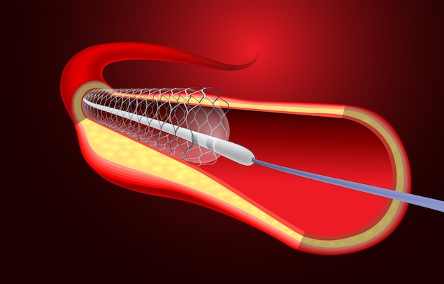 Vector ilustración de la implantación de un stent para ayudar al flujo de sangre a los vasos sanguíneos