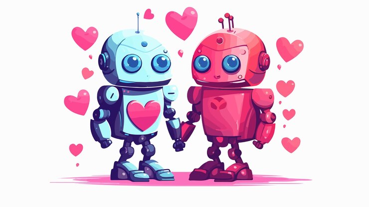 Vector ilustración de impresión de amor robótico con robots masculinos y femeninos obra artística digital romántica