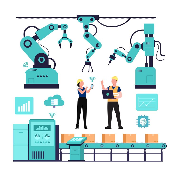 Vector ilustración de la industria 4.0 con programador y brazos robóticos.