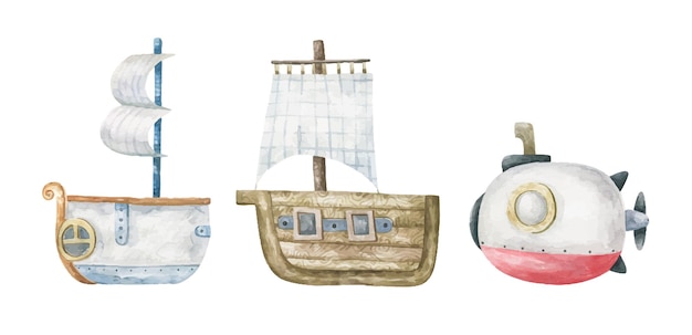 ilustración infantil con barcos, velas, vehículo de transporte acuático, lindo diseño para niños, guardería impresa