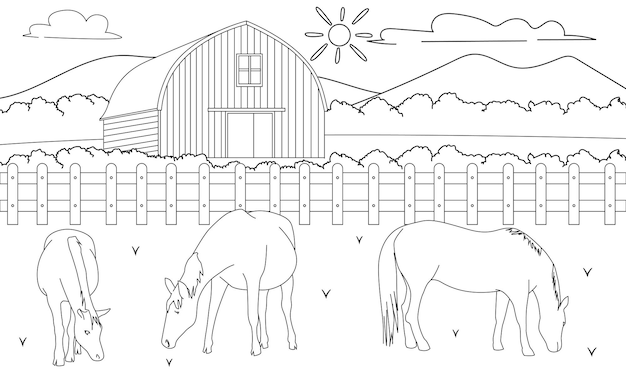 Vector ilustración infantil para colorear escena de la granja con caballos esbozar dibujo en blanco y negro