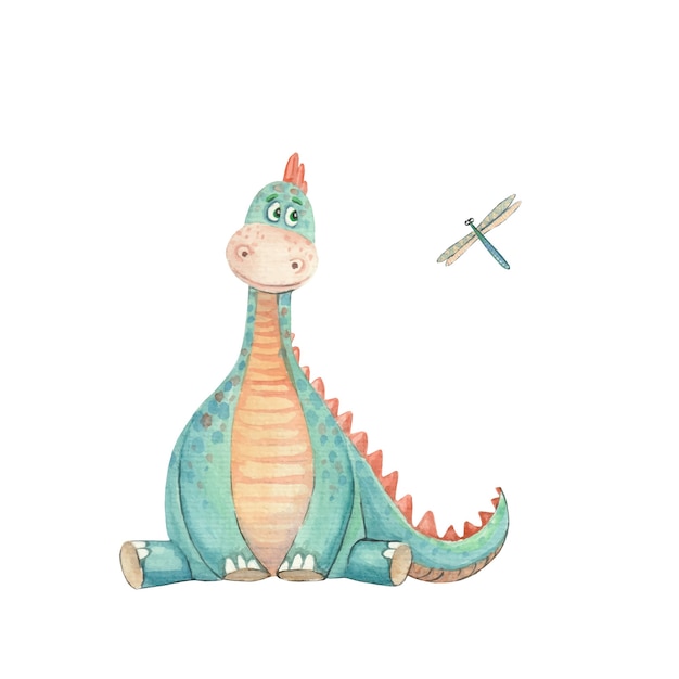 Ilustración infantil con un dinosaurio y una libélula sobre un fondo blanco.