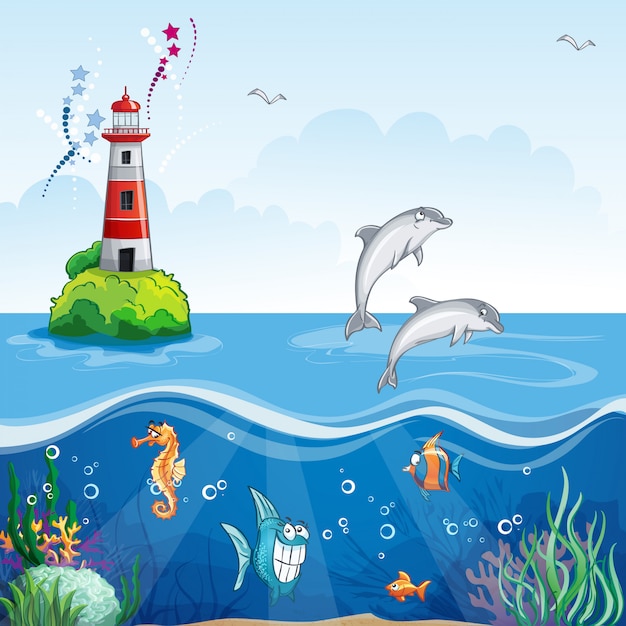 Ilustración infantil del faro y los delfines marinos