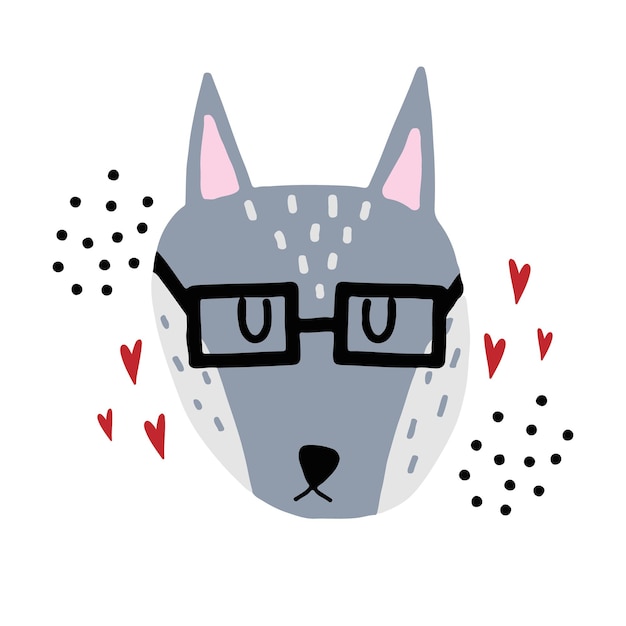 Ilustración infantil handdrawn de un lobo gris lobo en vasos con corazones