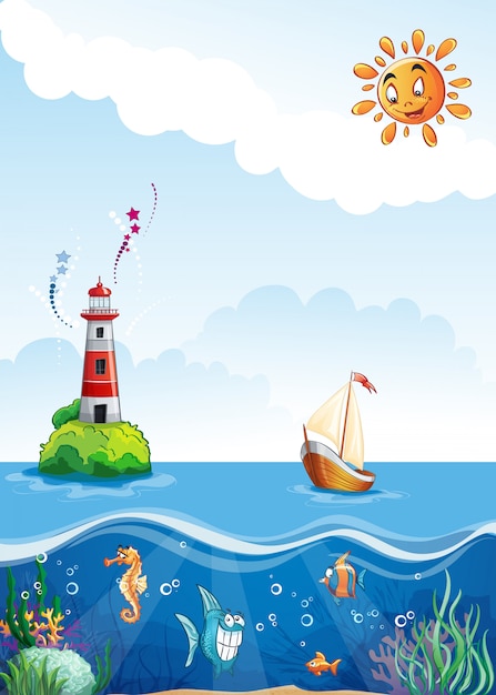 Ilustración infantil de mar con faro, vela y peces divertidos