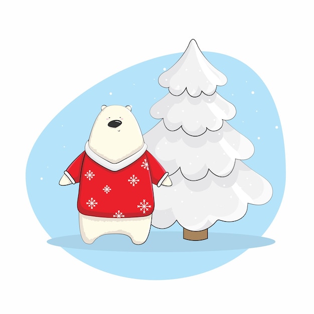 Ilustración infantil de navidad de oso lindo de año nuevo con árbol de navidad