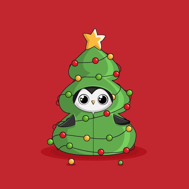 Ilustración infantil navideña de pingüinos lindos de año nuevo con árbol de navidad