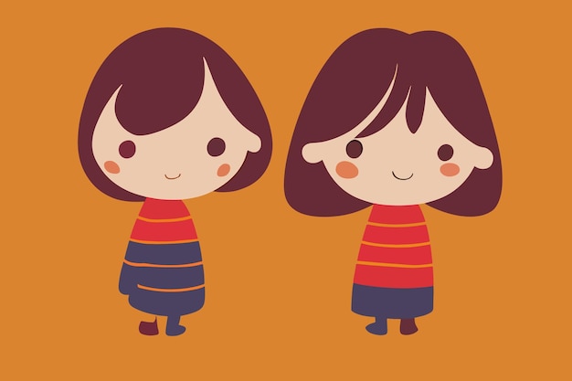 Ilustración infantil niñas de pie y sonriendo niñas fondo naranja