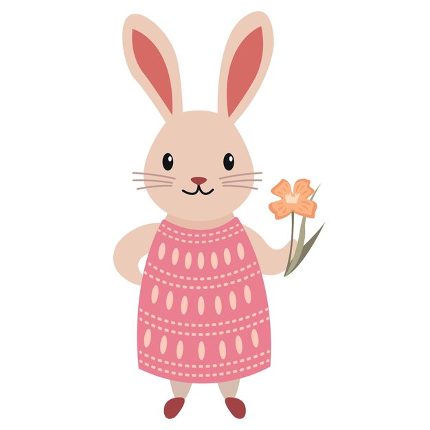Ilustración infantil plana de un conejo en un vestido con un ramo de flores Personaje de dibujos animados