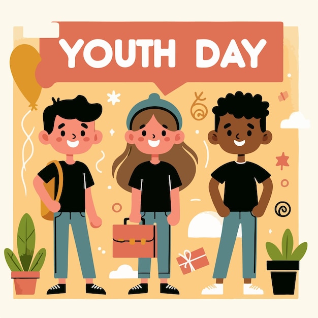 Vector ilustración infantil con texto del día de la juventud en estilo de diseño plano