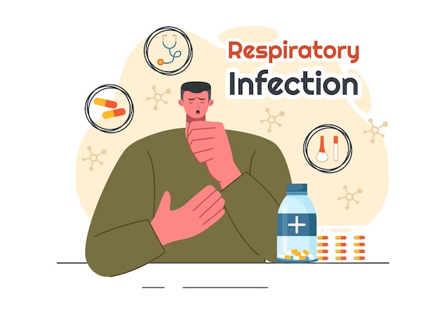 Ilustración de la infección respiratoria y la inflamación en los pulmones causadas por células de virus en un fondo en la atención médica y el concepto médico