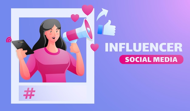 Ilustración de influencers de redes sociales con mujer sosteniendo megáfono promoción de redes sociales