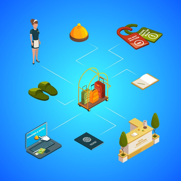 Vector ilustración de infografía isométrica de iconos de hotel