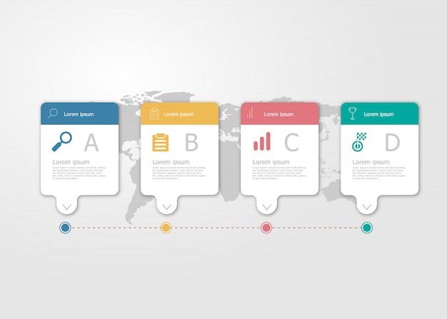 Ilustración de la infografía de la línea de tiempo horizontal 4 pasos para el fondo plano del vector de la presentación del negocio