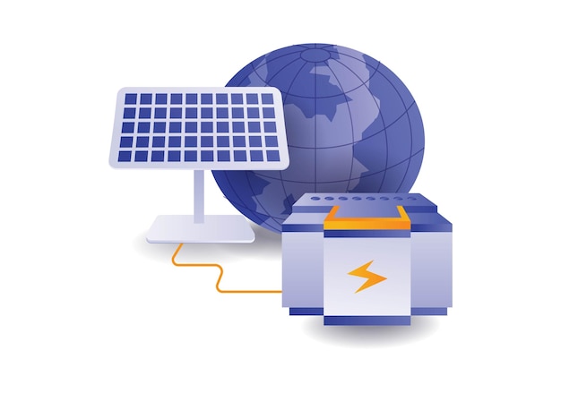 Vector ilustración infográfica conceptual de una red de baterías ecológicas verdes que almacena energía de paneles solares