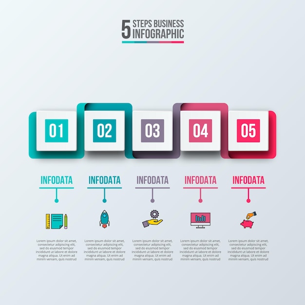 Ilustración infográfica horizontal de cinco formas cuadradas Plantilla para presentación de negocios