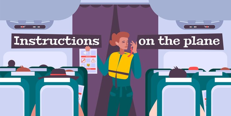 Vector ilustración de información de avión con azafata dando instrucciones de seguridad a los pasajeros
