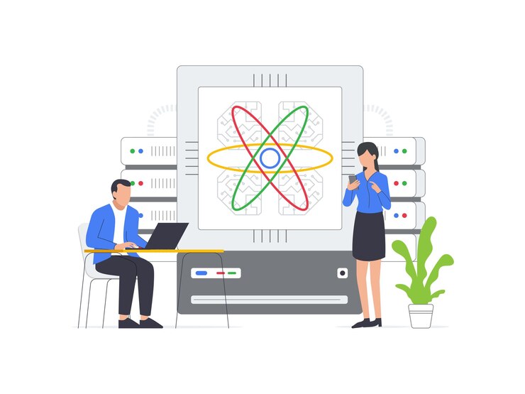 Vector ilustración de ingenieros y científicos que utilizan chips de computadora cuánticos para cálculos avanzados gráfico vectorial de estilo moderno de dibujos animados planos