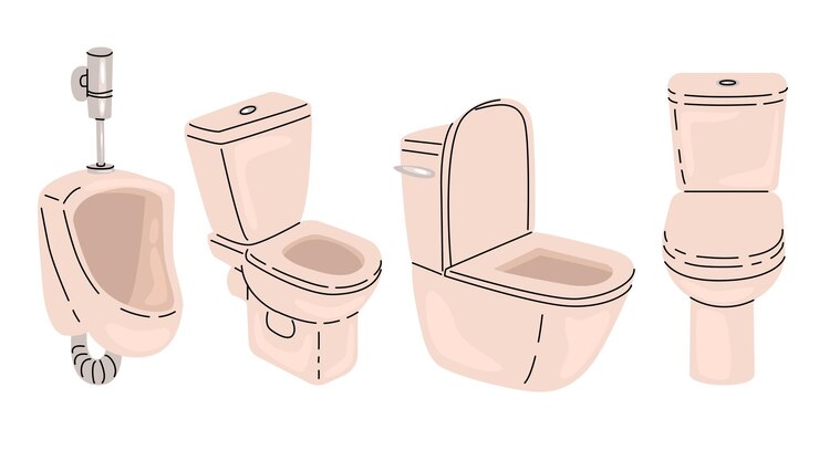 Vector ilustración de inodoros inodoros y urinario desde diferentes ángulos elementos de mobiliario interior productos de higiene para las necesidades naturales del cuerpo ilustración vectorial