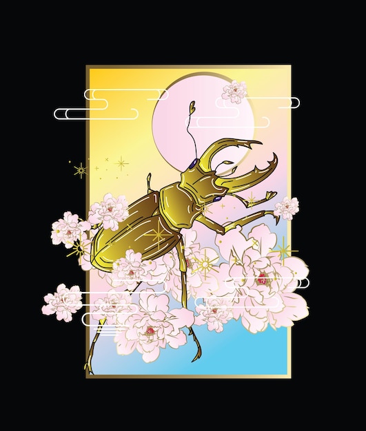 ilustración de insectos con fondo de estilo japonés