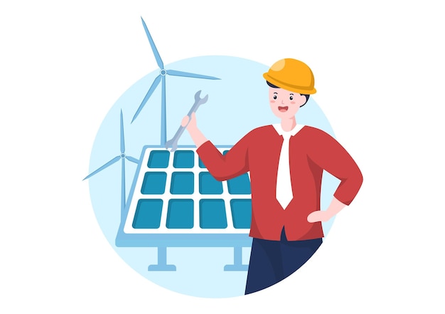 Ilustración de instalación de energía solar con equipo de servicio doméstico para operación de red eléctrica
