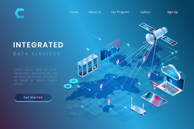 Ilustración de la integración del servicio de datos utilizando sistemas basados en almacenamiento en la nube y satélite en estilo isométrico 3d