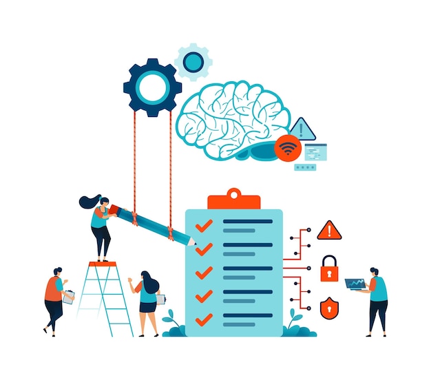 Ilustración de inteligencia artificial de cuestionarios, encuestas, exámenes o evaluaciones de aprendizaje con la ayuda y el apoyo de la tecnología del sistema en línea AI. Puede usarse para el anuncio de póster del volante web del sitio web de la aplicación móvil