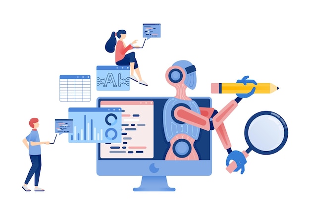 Ilustración de inteligencia artificial de personas analizando gráficos con robots de IA y ayuda de programación