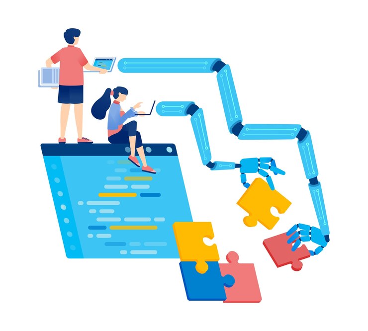 Vector ilustración de inteligencia artificial de personas diseñando programas y manos robóticas resolviendo rompecabezas de ia