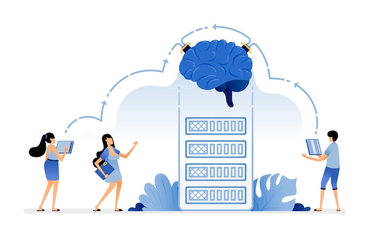 Vector la ilustración de la inteligencia artificial recopila datos y gestiona bases de datos.
