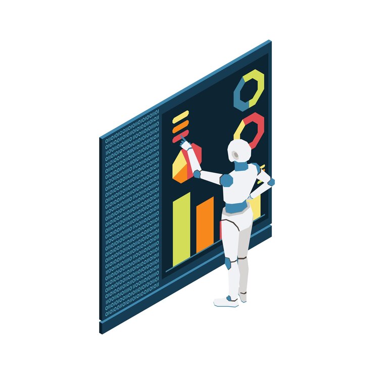 Vector ilustración de inteligencia artificial con robot isométrico y programa informático