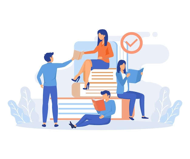 Ilustración de intercambio y reutilización de libros. Gente leyendo juntos. ilustración moderna de vector plano