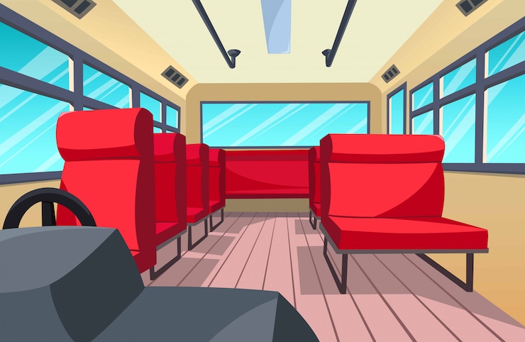 Vector ilustración del interior del autobús, estilo de dibujos animados