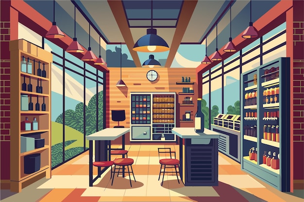 Vector ilustración interior de café moderno con grandes ventanas que muestran un paisaje rural un bar de café central con taburetes estantes llenos de varios bienes