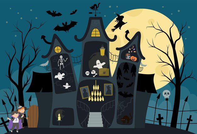 Ilustración interior de la casa embrujada de vector. Fondo de Halloween. Escena de cabaña espeluznante con luna grande, fantasmas, murciélagos, niños sobre fondo azul oscuro. Diseño de tarjeta o invitación de fiesta de Samhain aterrador.