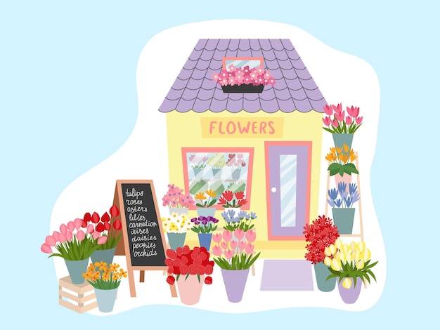 Ilustración interior de la fachada del mercado floral floristería de estilo plano decorada con plantas y flores ilustración vectorial