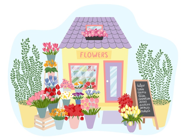 Vector ilustración interior de la fachada del mercado floral floristería de estilo plano decorada con plantas y flores ilustración vectorial