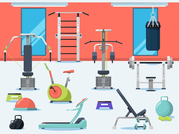 Vector ilustración del interior del gimnasio con diferentes equipamientos deportivos.