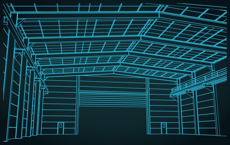 Vector ilustración del interior de un gran hangar industrial