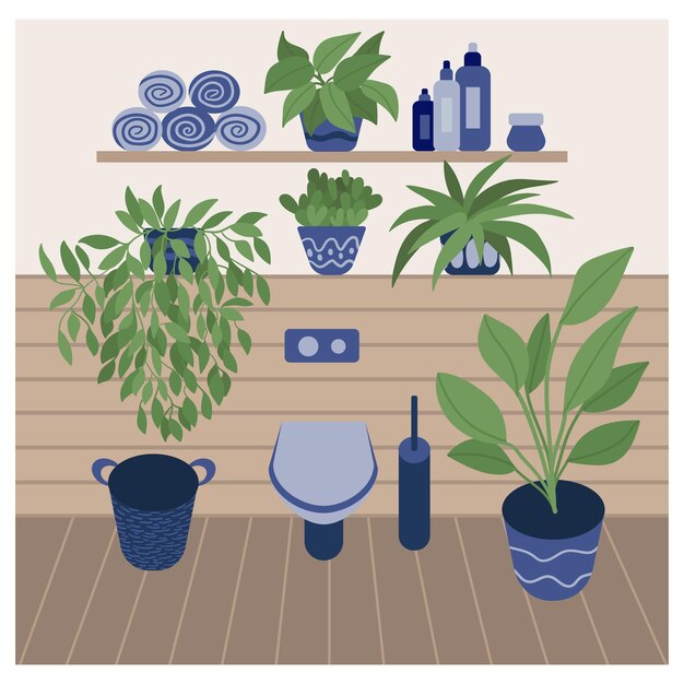 Ilustración interior de inodoro plano Diseño de inodoro acogedor Plantas de interior en maceta plomería muebles de baño botellas toallas Ilustración de stock vectorial