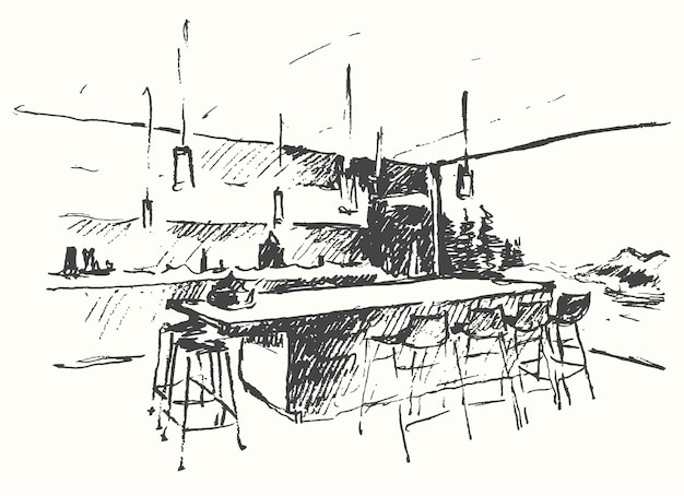 Ilustración interior moderna. acogedor bar, restaurante, cafetería o cocina. dibujado a mano, boceto.